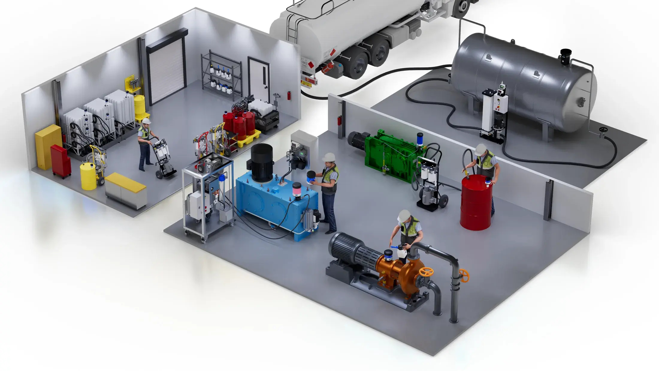 Ilustración isométrica de planta industrial: sala de lubricación, unidad de potencia hidráulica, caja de engranajes, bomba centrífuga y tanque de almacenamiento